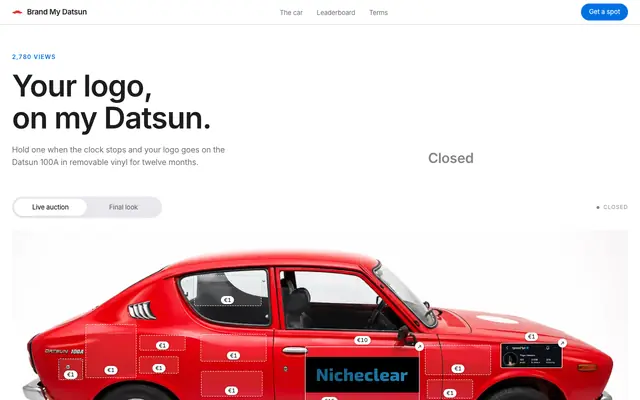 Screenshot of Brand My Datsun: advertising space on a 1974 Datsun 100A
