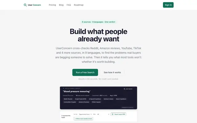 Screenshot of UserConcern — Find Real Market Pain Points Before You Build