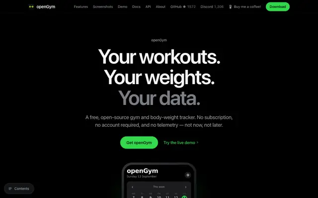Screenshot of openGym — free, open-source gym & body-weight tracker