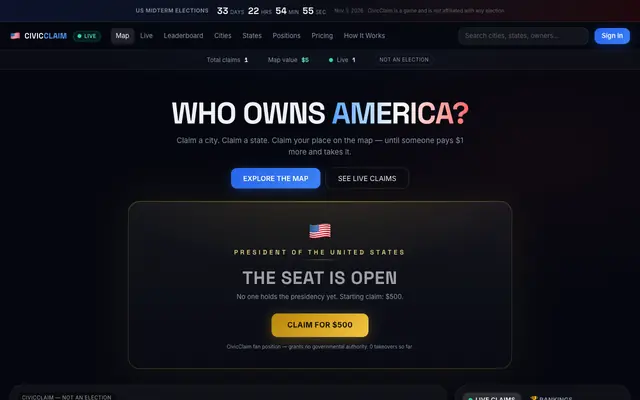 Screenshot of CivicClaim — Who Owns America?