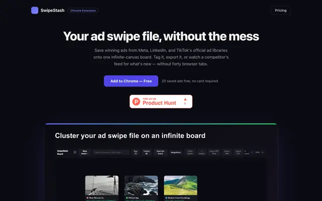 Screenshot of SwipeStash — the ad swipe file that stays organized