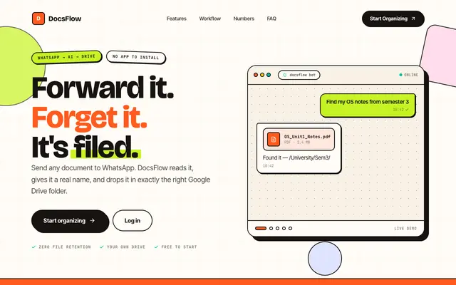 Screenshot of DocsFlow — Forward it. Forget it. It's filed.