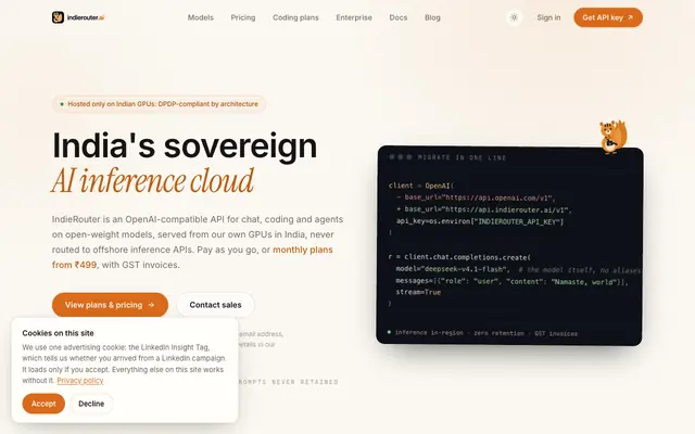 Screenshot of IndieRouter - India's sovereign AI inference cloud