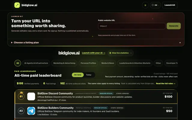 Screenshot of BidGlow — The Public Bid Leaderboard
