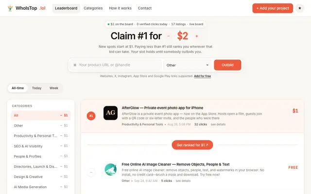 Screenshot of WhoIsTop — daily startup leaderboard