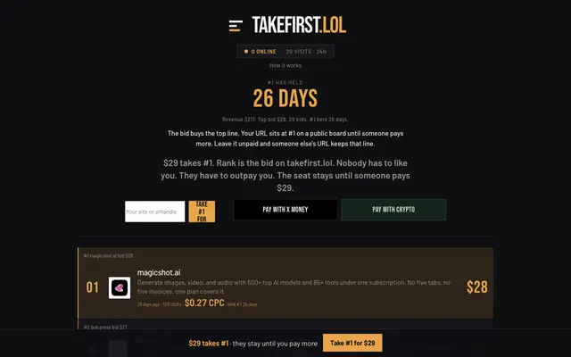 Screenshot of TakeFirst.lol | Take first. Hold it 24 hours.