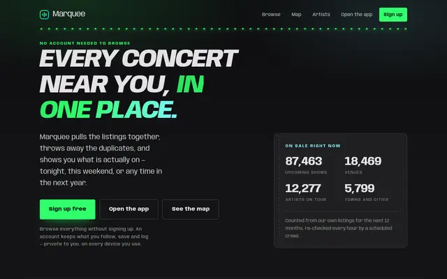 Screenshot of Concerts Near You — Every Upcoming Show in One Place · Marquee