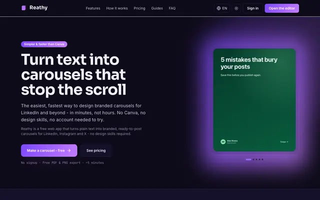 Screenshot of Reathy - Create Professional Social Media Carousels for LinkedIn & more