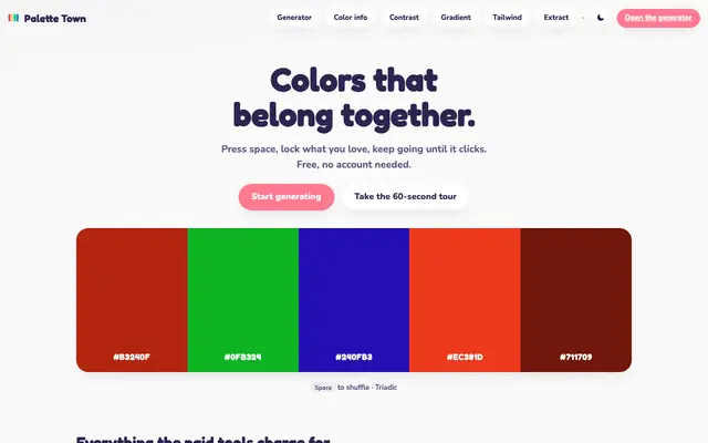 Screenshot of Palette Town: free color palette generator