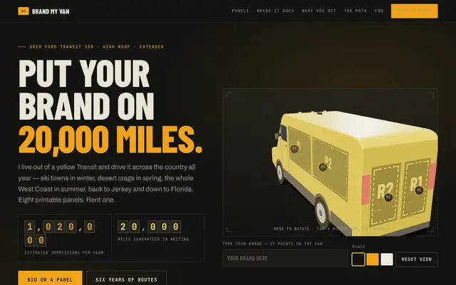 Screenshot of Brand My Van — 20,000 guaranteed miles a year on a yellow Transit