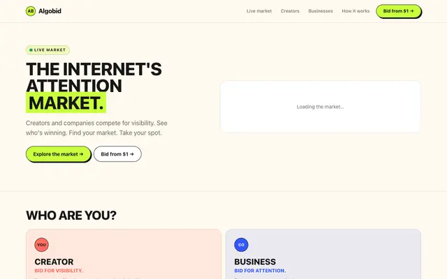 Screenshot of AlgoBid — Pay to Rank #1 on Instagram, TikTok, Twitter & More | $5 Visibility Bo