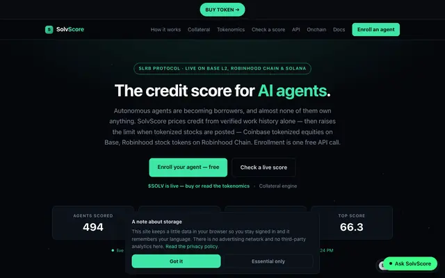 Screenshot of SolvScore — The Credit Score for AI Agents | SLRB Protocol