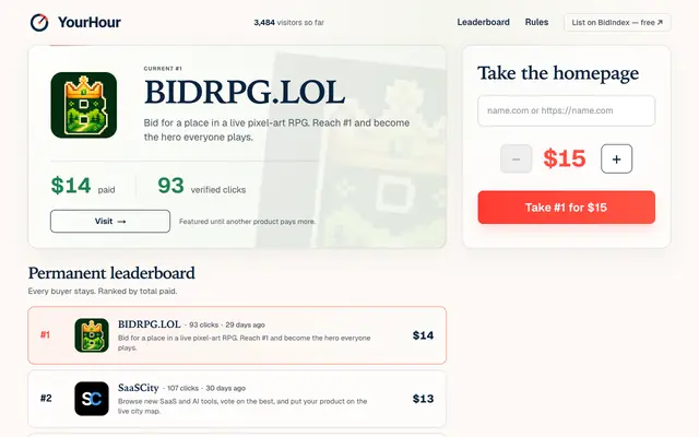 Screenshot of YourHour — One Product Owns the Homepage