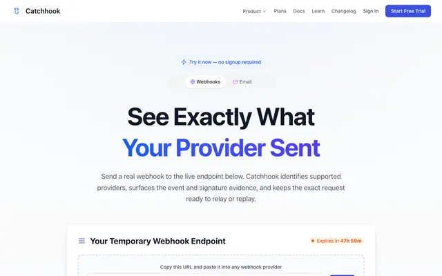 Screenshot of Catchhook | Inspect, Relay, and Replay Webhooks