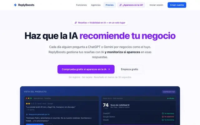 Screenshot of ReplyBoosts — Haz que la IA recomiende tu negocio