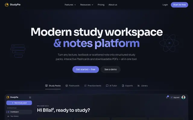 Screenshot of StudyPie — AI study guide maker, flashcards & practice tests