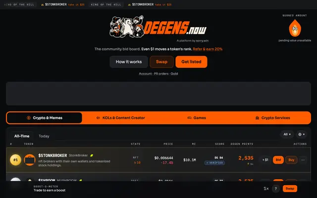 Screenshot of degens.now — Crypto Attention Auction & Token Leaderboard
