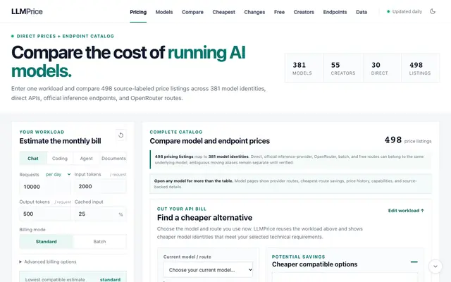 Screenshot of LLM API Pricing Calculator: Compare 400+ Model Prices | LLMPrice