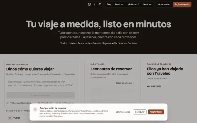 Screenshot of traveleo.go — Tu próximo viaje, planificado en minutos