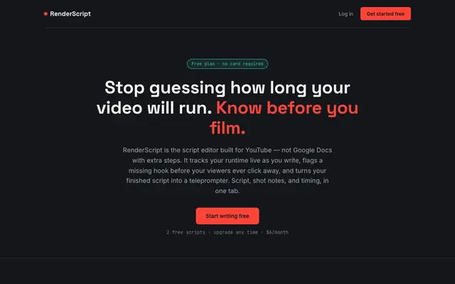 Screenshot of RenderScript — the script editor built for YouTube