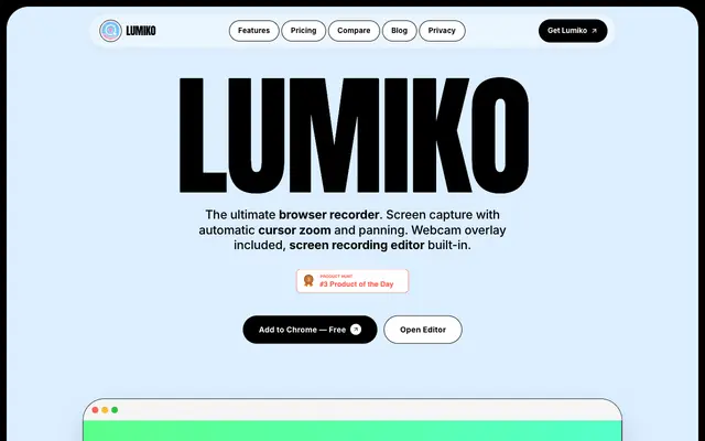 Screenshot of Lumiko — Free Chrome Screen Recorder with Cursor Zoom