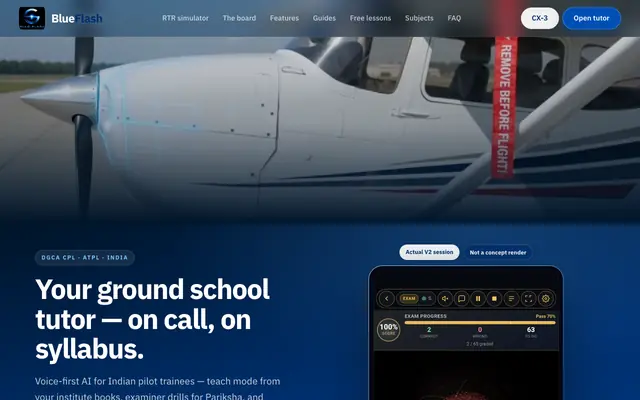 Screenshot of BlueFlash — DGCA CPL Ground Classes & Aviation AI Tutor India | RTR Simulator |