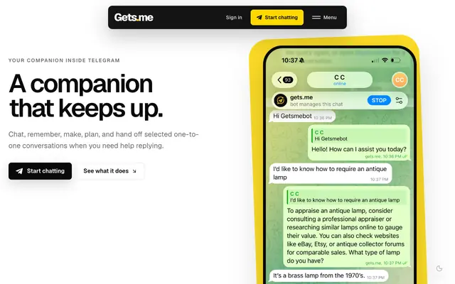 Screenshot of Gets.me | Your companion inside Telegram