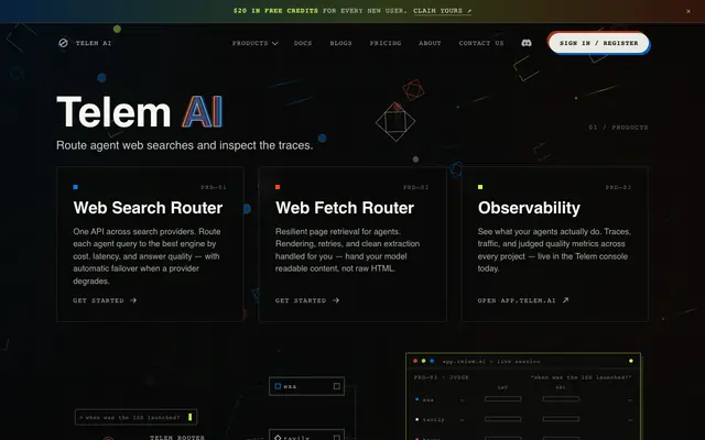 Screenshot of Telem AI - Infrastructure for AI Agents