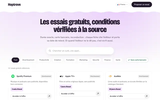 Screenshot of Hoptrove — les essais gratuits, conditions vérifiées à la source