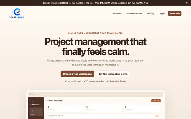 Screenshot of ClearSpace — Calm, simple task and project management