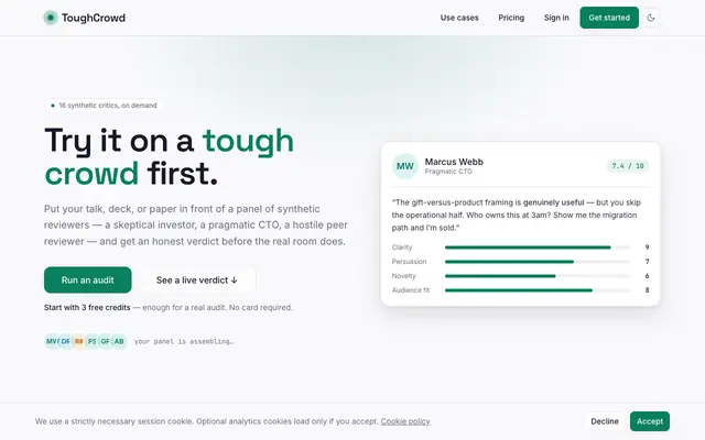 Screenshot of ToughCrowd — try it on a tough crowd first