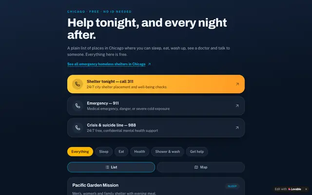 Screenshot of Chicago Street Hub — Shelter, Food & Help Tonight