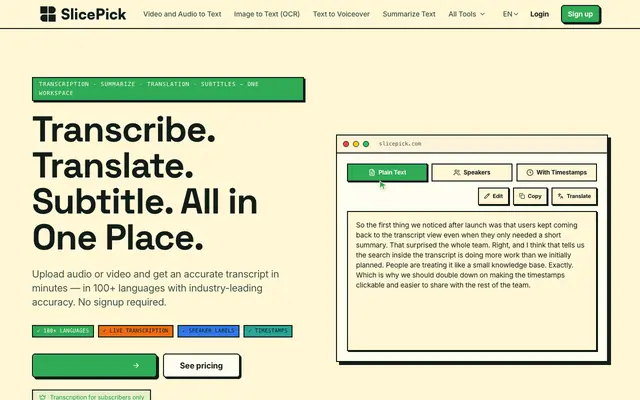 Screenshot of SlicePick | Free AI Video & Audio Transcription