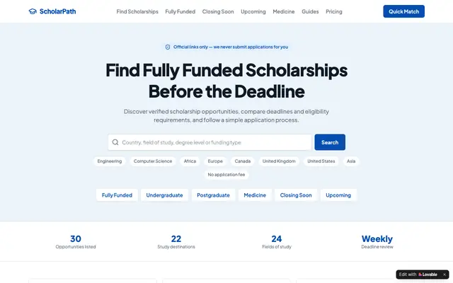 Screenshot of Find Fully Funded Scholarships Before the Deadline | ScholarPath