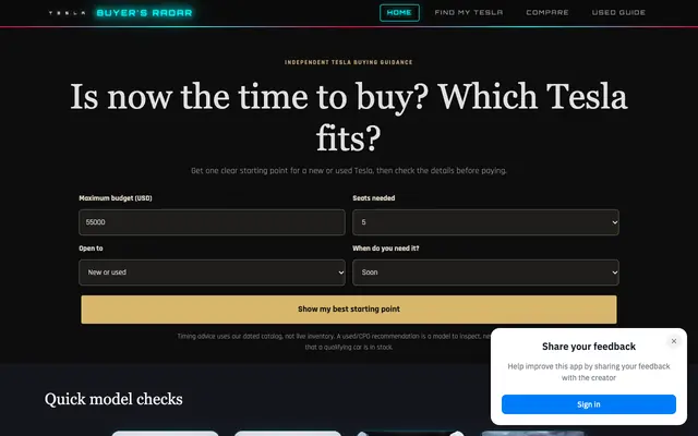 Screenshot of TeslaRumors Buyer's Radar - Track the EV Pulse