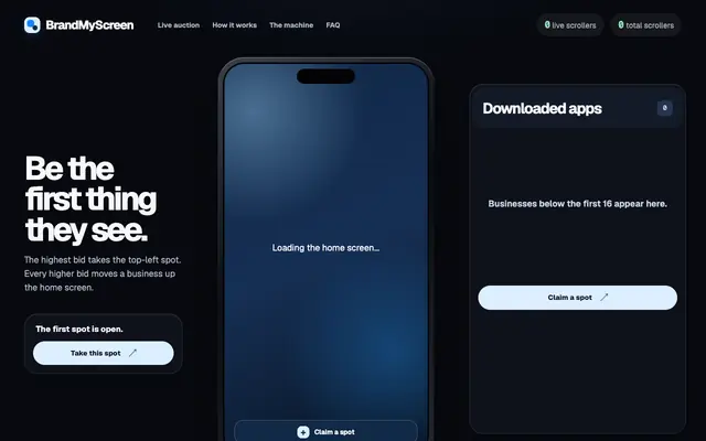 Screenshot of BrandMyScreen - own the first spot