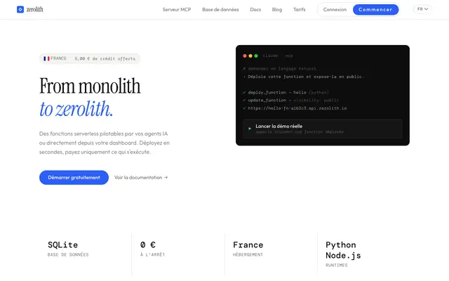 Screenshot of Zerolith — Déployez des fonctions. Payez ce qui s'exécute.