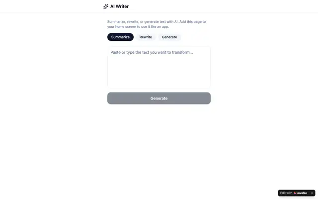 Screenshot of AI Writer — Summarize & Rewrite on Mobile