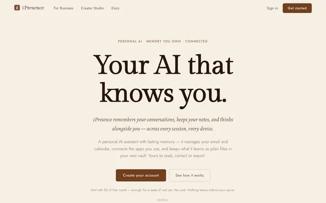 Screenshot of Personal AI assistant with memory · 1Presence