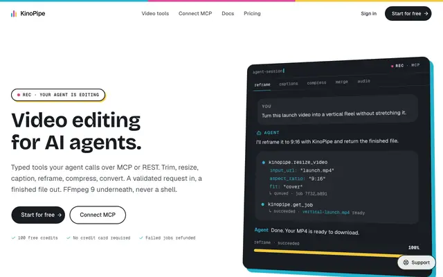 Screenshot of KinoPipe — FFmpeg as a service for agents