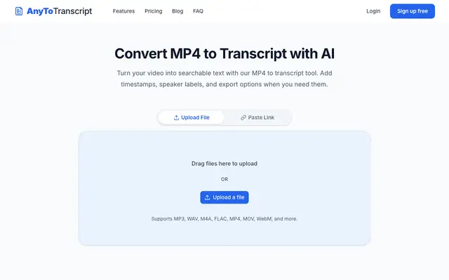 Screenshot of MP4 to Transcript Converter - Free & Accurate | AnyToTranscript