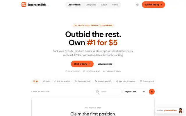 Screenshot of ExtensionBids — Bid for the top spot