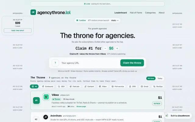 Screenshot of AgencyThrone — All-time pay-to-rank agency board