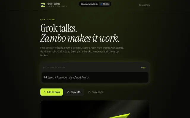 Screenshot of Grok × Zambo — 128 live tools, one URL