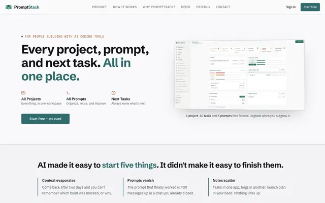 Screenshot of PromptStack: Project Hub for Vibe Coders & AI Builders
