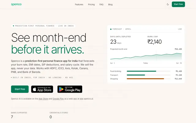 Screenshot of Spenco AI — Expense Tracker India | See Month-End Early
