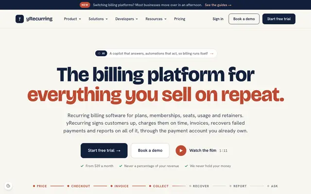 Screenshot of yRecurring: subscription and usage billing for B2B SaaS and AI products