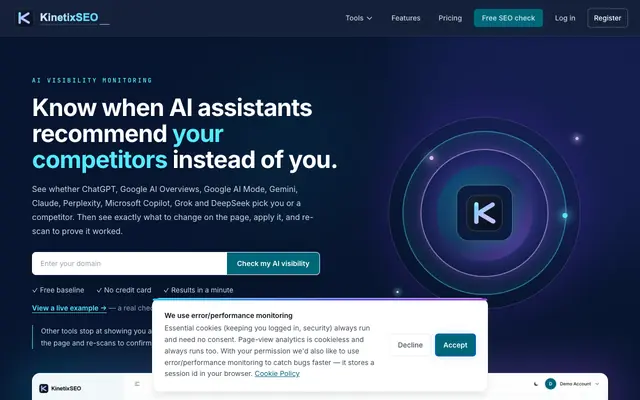Screenshot of Fix your SEO & get cited by AI - KinetixSEO