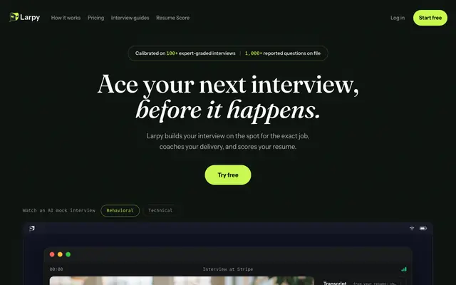 Screenshot of Free AI mock interviews you take out loud · Larpy
