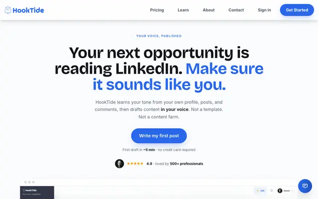 Screenshot of AI LinkedIn Content in Your Voice | HookTide